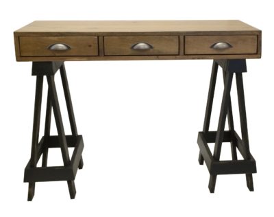 Pine Springwater Woodcraft Saw Horse Table with vintage black legs and 3 rustic wood drawers