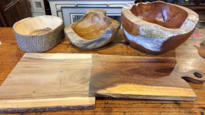 3 live edge Bark Bowls and 2 Live Edge Cutting Boards