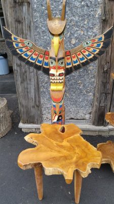 Medium Wood Tribal Masks and Tree Stump Table