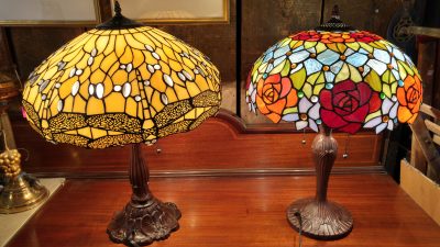 2 Large Stained Glass Lamps, metal bases with stained glass shades