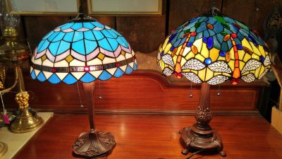 2 Large Stained Glass Lamps, metal bases with stained glass shades
