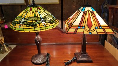 2 Large Stained Glass Lamps, metal bases with stained glass shades